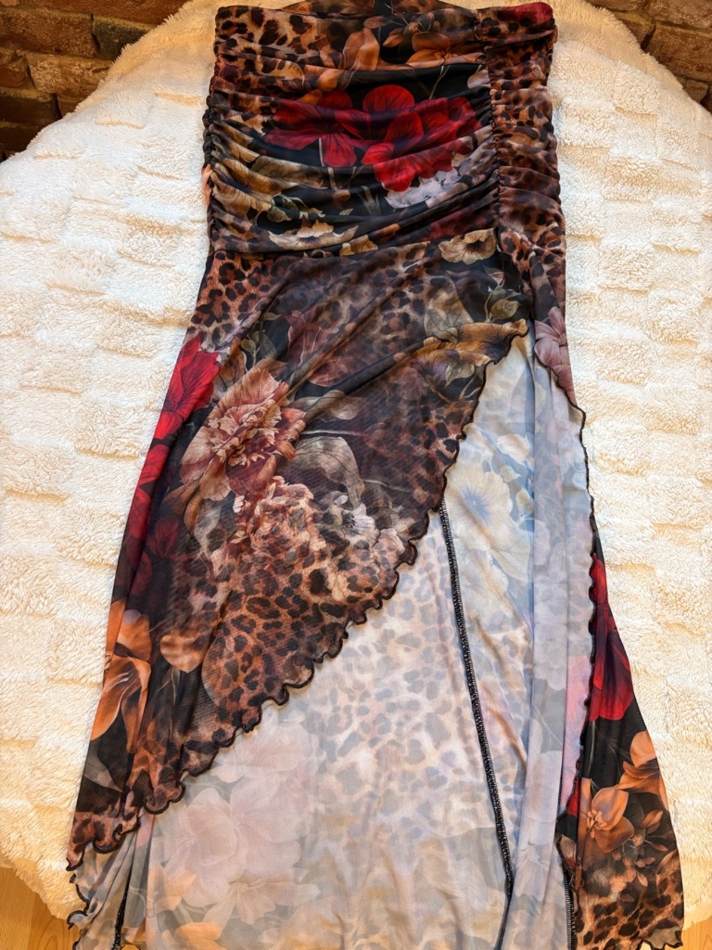 Windsor Floral & Leopard Ruched Maxi Skirt - Red, Brown & Black